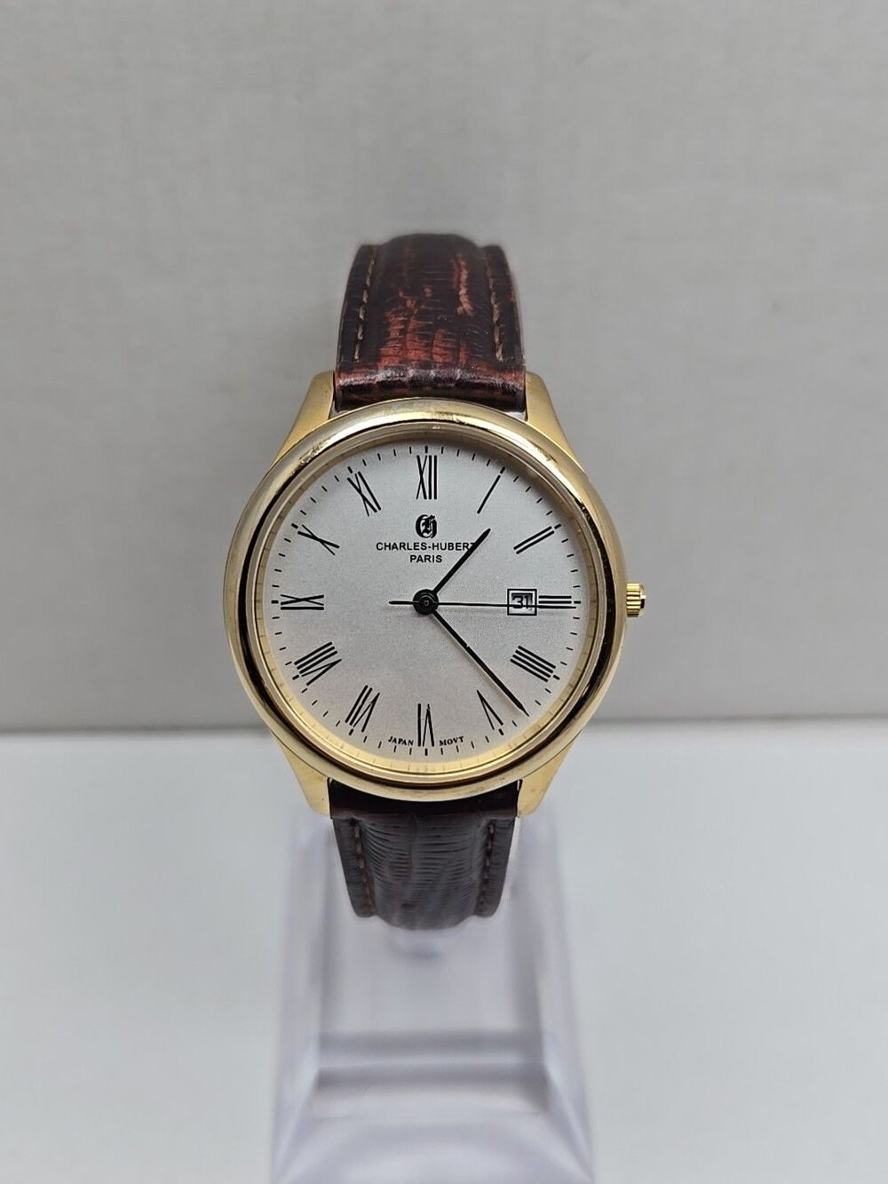 Charles Hubert Paris 6960-G Womens Gold Tone Roman Date Watch New Battery